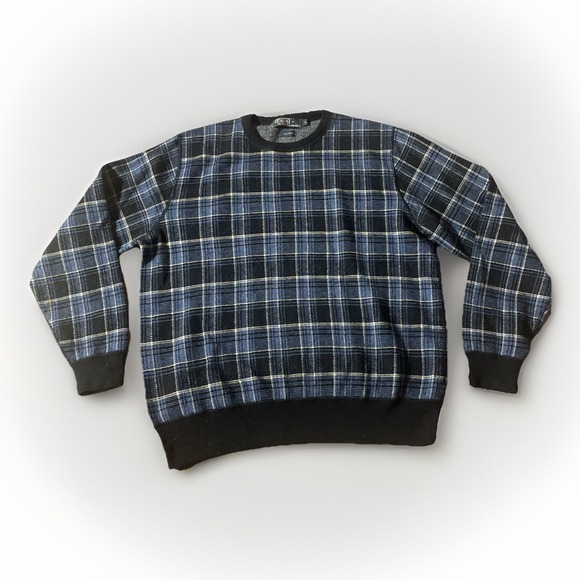 VINTAGE 90s Polo Ralph Lauren Sweater Men's Large Blue Tartan Plaid 100%‎ Wool - Picture 1 of 3